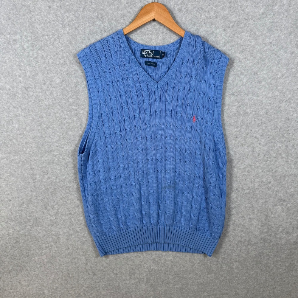 Polo Ralph Lauren Mens Blue Cable Knit V-Neck Sweater Vest XL Pink Pony Vintage